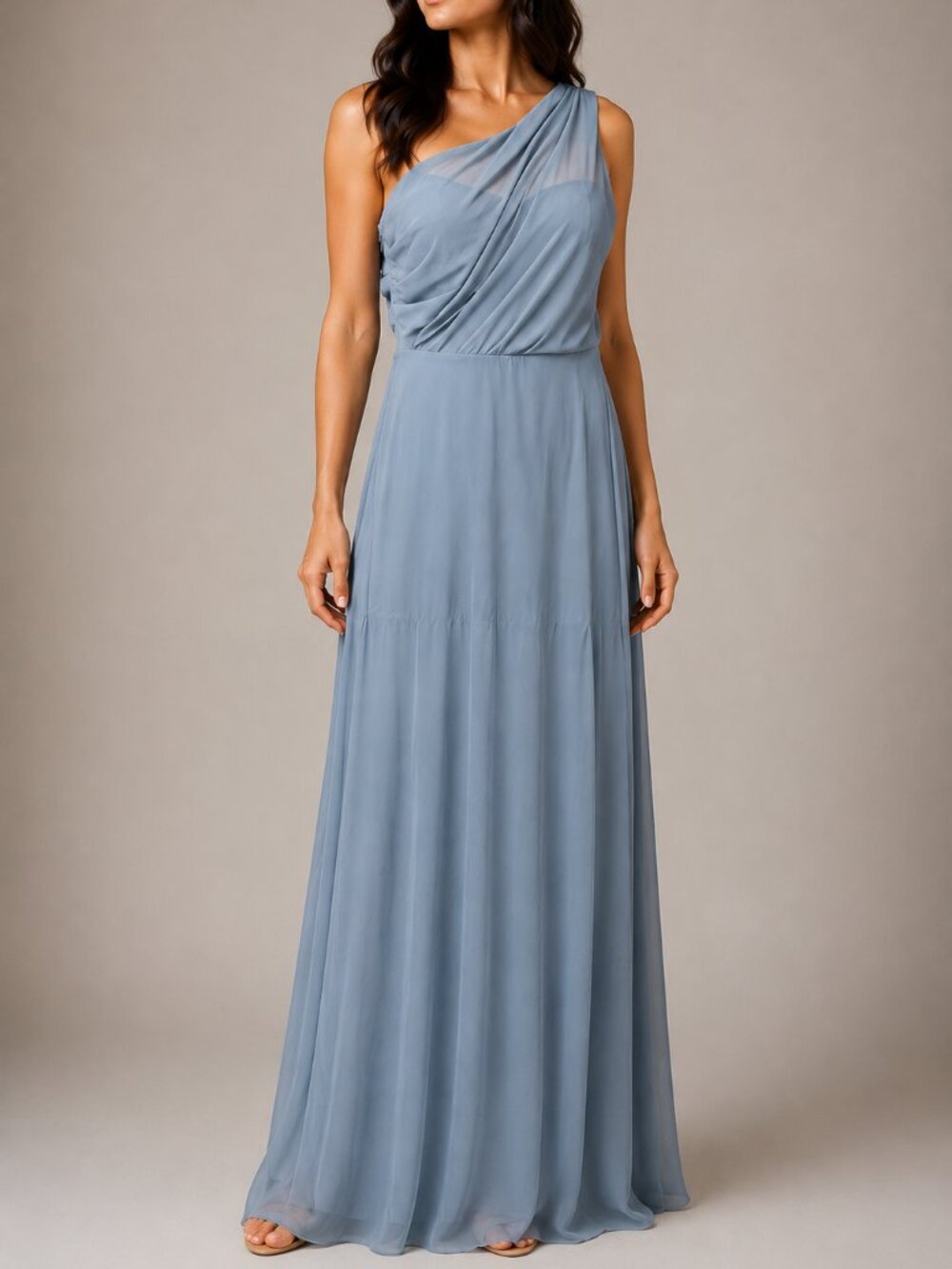 Birdy Grey Dusty Blue One Shoulder Draped Chiffon Maxi Dress M